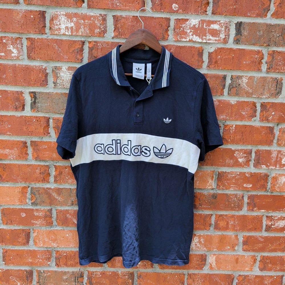 Adidas Polo Shirt Mens Large Navy Blue Colorblock‎ Trefoil Graphic EC9307